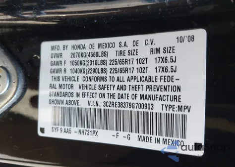 2009 Honda Cr-V Lx z USA, uszkodzony, nr VIN 3CZRE38379G700903
